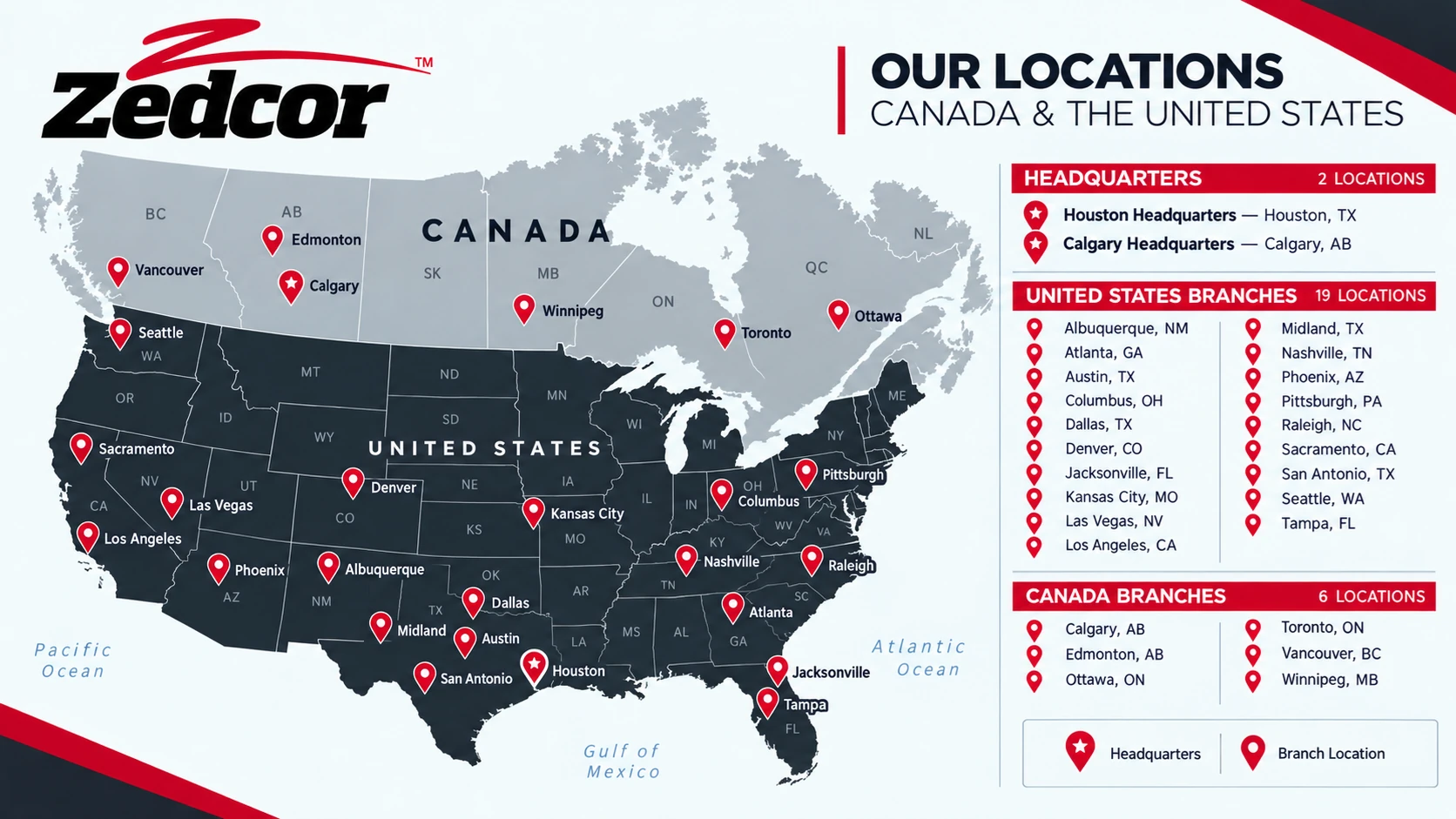 Map of Zedcor locations in Canada and the United State